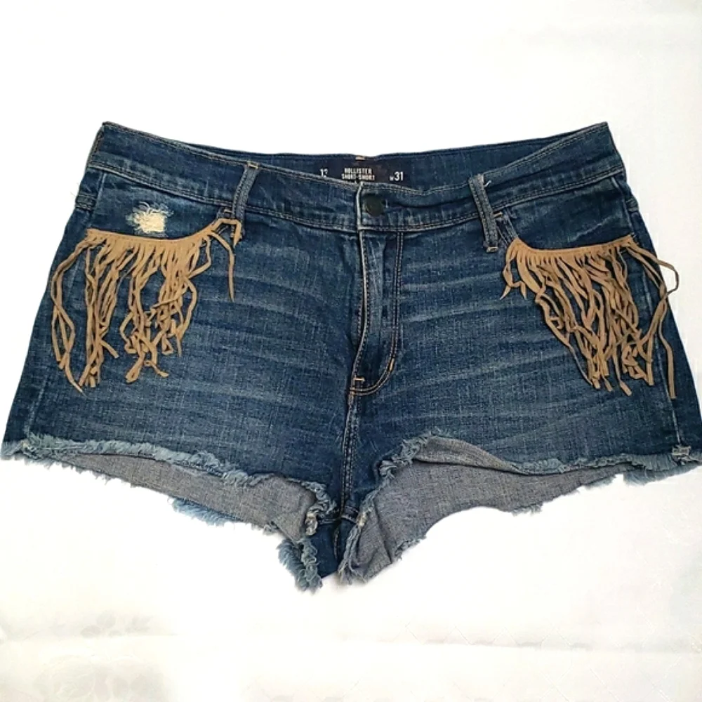 Hollister High Rise Jean Short Shorts W/ Leather Fringe Size 13 w31